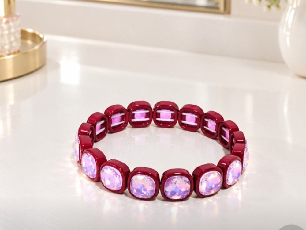 Boho Brick Alloy AB Purple Rhinestone Stretch Bracelet New